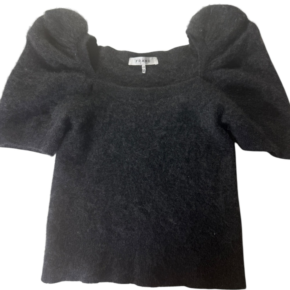Frame Frankie Cashmere Sweater Charcoal Melange Women L Puff Sleeve Square Neck
